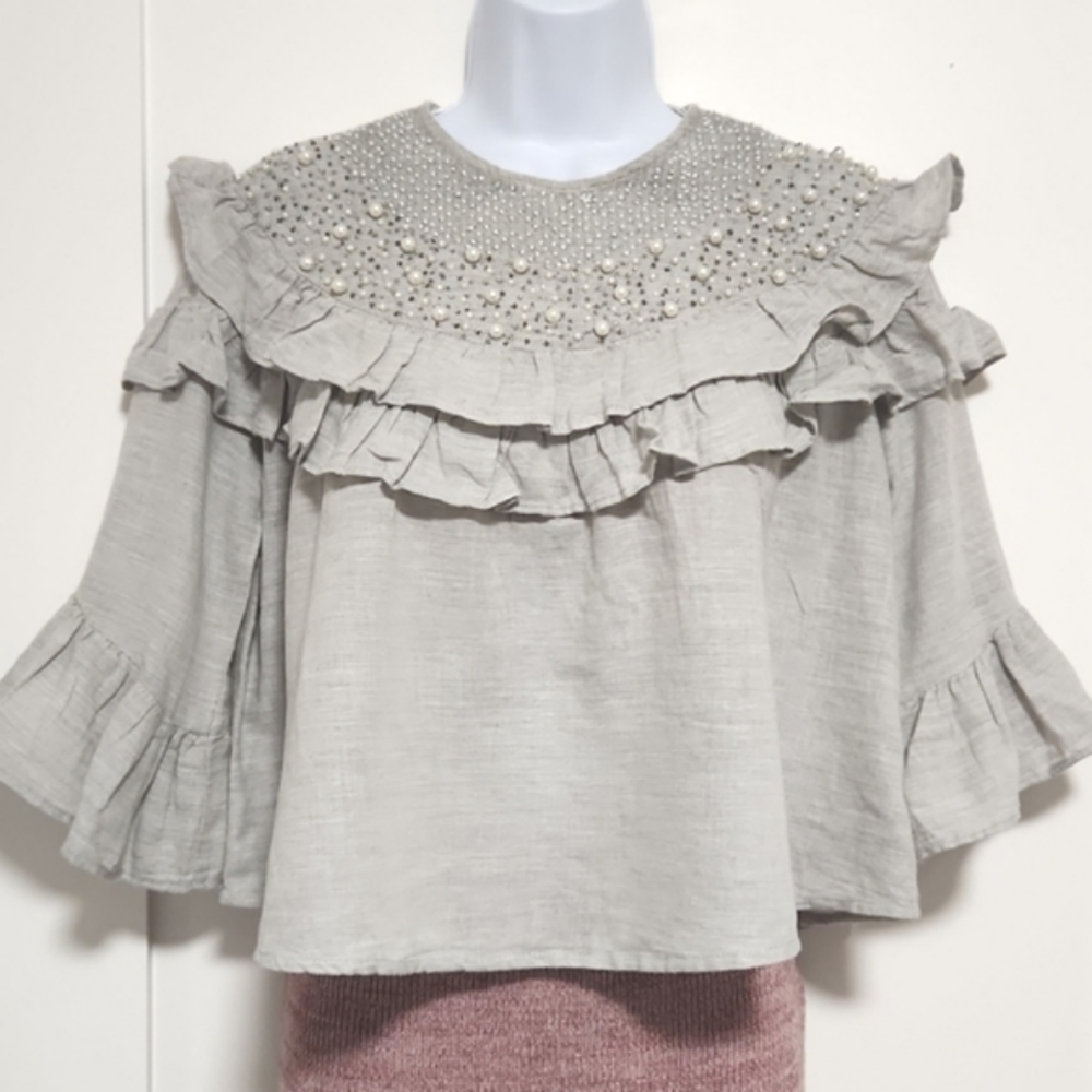 Zara Grey Ruffle Top w/ Faux Pearls